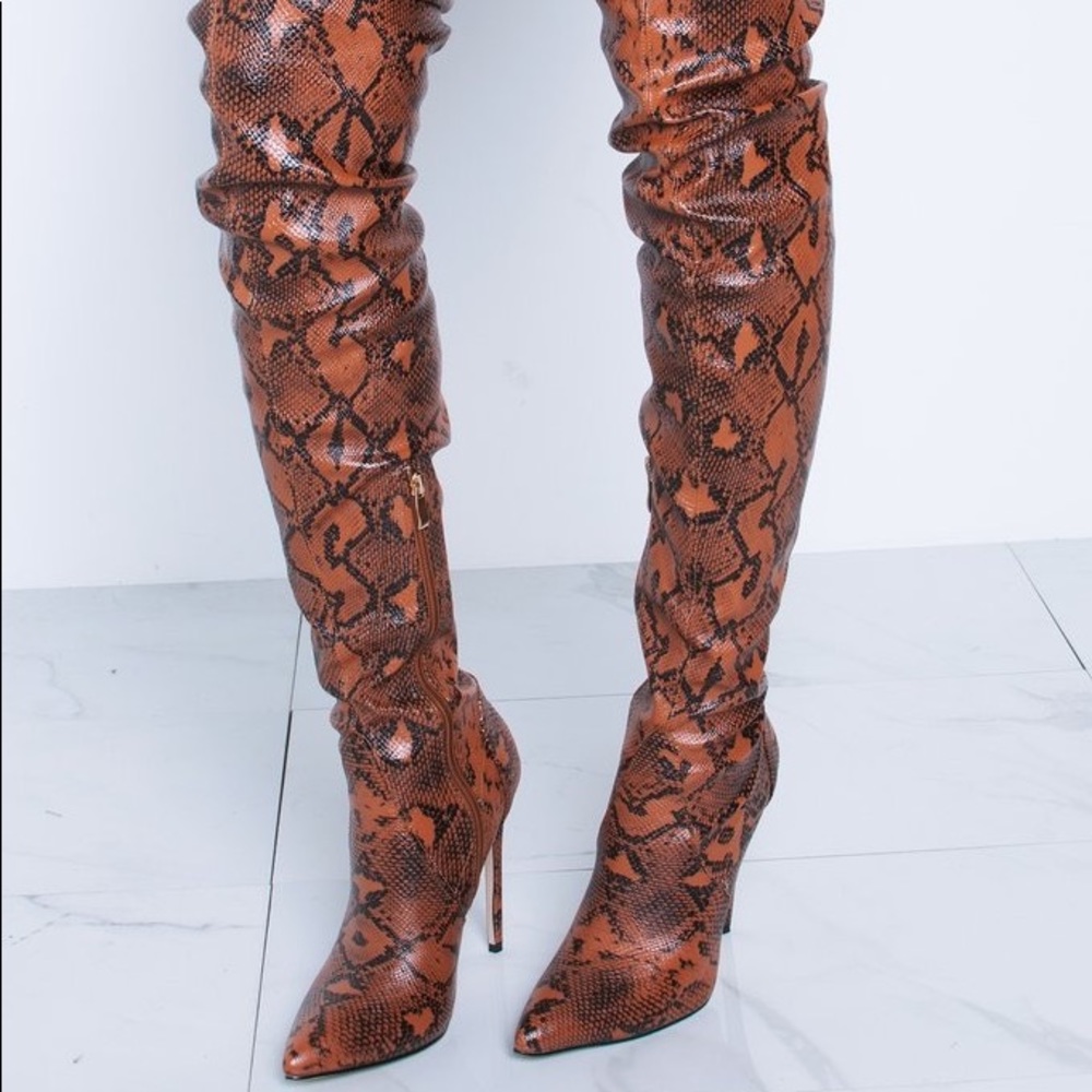 Rust color snake skin thigh high boots